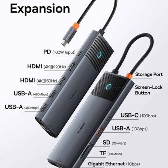 Baseus Metal Gleam Series II 10-in-1 USB-C Hub (Dual Display, 10Gbps) — New - Picture 2 of 7